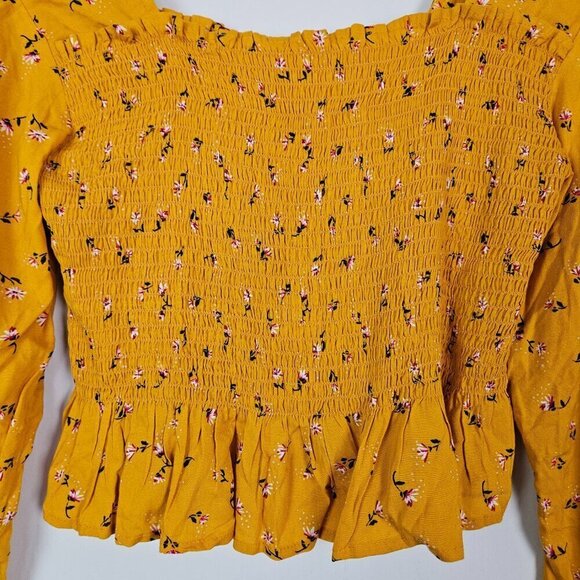 BP Mustard Yellow Floral Shirred Ruffle Hem Long Sleeve Crop Top L - Picture 3 of 8